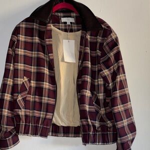 Zara Plaid Bomber Jacket with Leather Collar - Burgundy & Cream